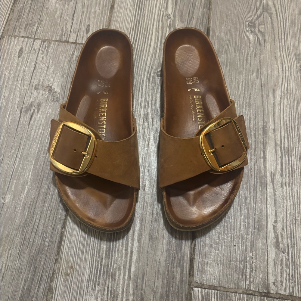 Birkenstock Madrid Brown Sandals with Gold Buckle